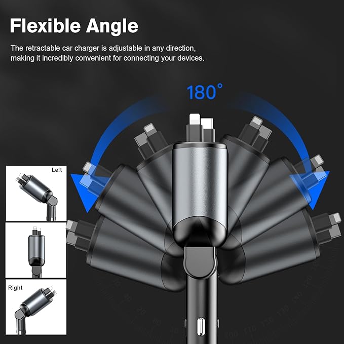 4 in 1 Retractable Car Charger, USB C Fast Charging Adapter[Max80W] with USB-i Cable&Dual Charge Port Compatible with iPhone 16/15/14/13/12/11 Pro Max Plus/iPad/AirPods,Galaxy,Google