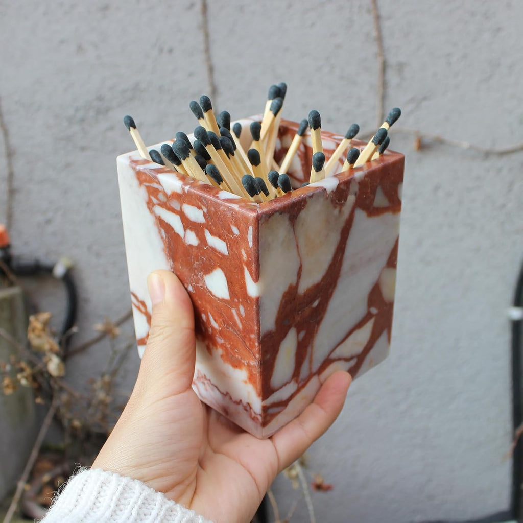 Calacatta Red Marble Toothbrush Holders for Bathroom, Natural Marble Makeup Brush Holder Countertop Organizer