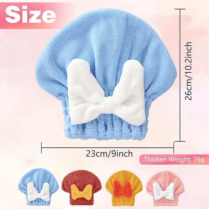 Super Absorbent Hair Towel Wrap for Wet Hair, Microfiber Hair Towel Wrap Quick-Drying Thickened Hair Towels, Soft Bow Tie Wet Hair Towels Wrap for Women Girls (Pink+Blue+Yellow+Red)