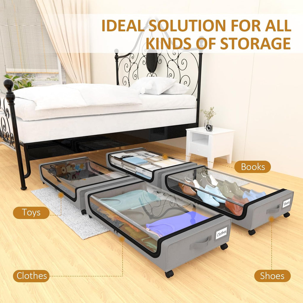 Large Under Bed Storage with Wheels, Under Bed Storage Containers, Under Bed Shoe Storage Organizer, Rolling Underbed Storage Containers for Bedroom Clothes Shoes Blankets, 2 Pack, Grey