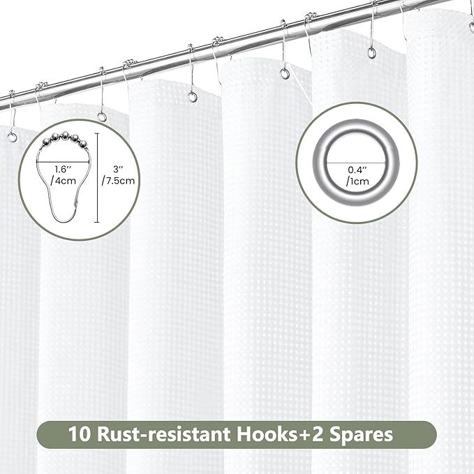 Inhousolu Fabric Shower Curtain Waffle Weave, 230 GSM Heavy Duty, Weighted Hem, 12 Metal Hooks, Water Repellent, Machine Washable, Hotel Spa Luxury Bath Curtain Set, 54 x 78 Inch, White