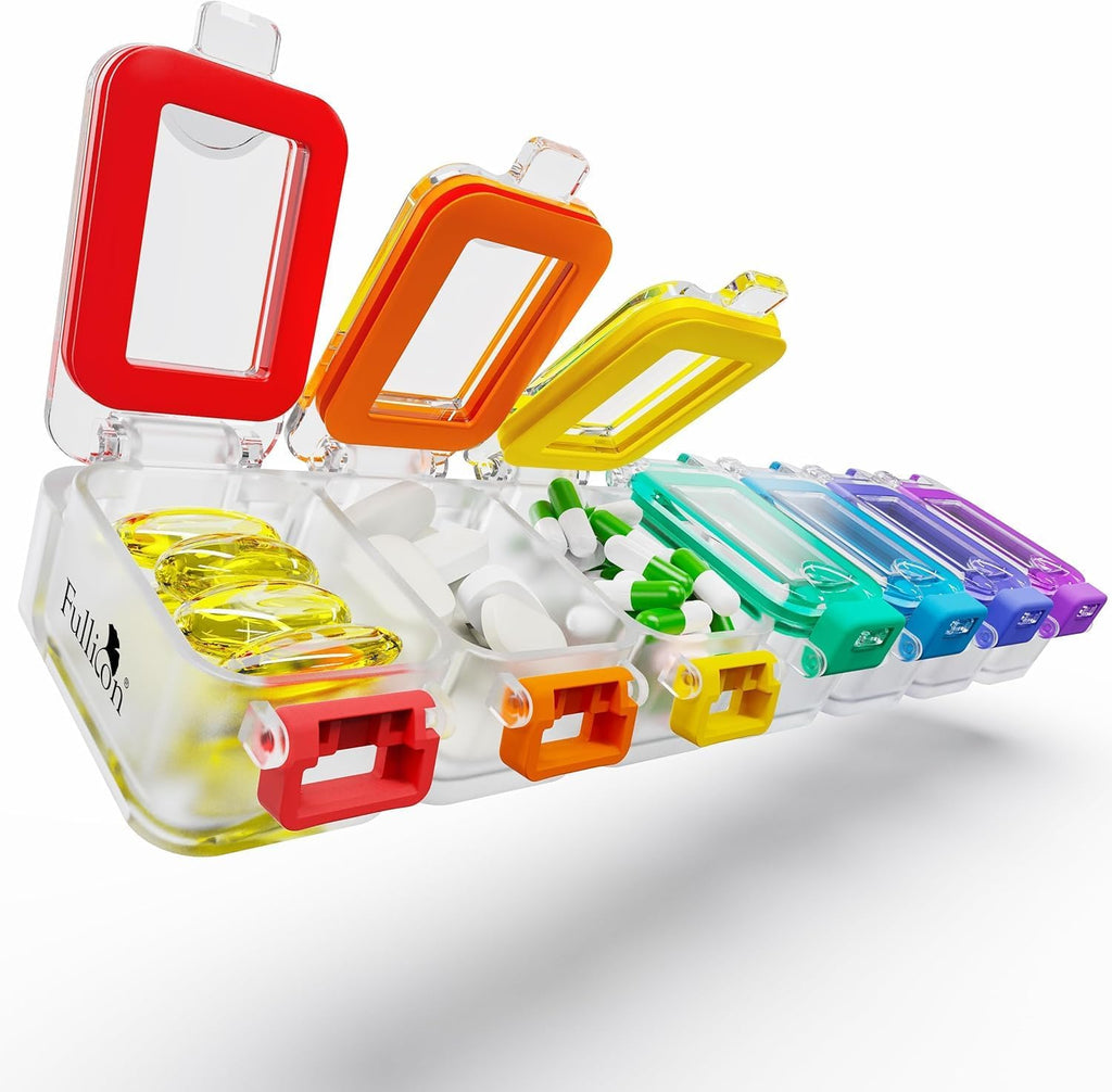 Fullicon Weekly Pill Organizer 7 Day Ultra Moisture and Spill Proof Daily Pill Box, Large Medicine Case with Secure Buckle, Compact Travel Pill Container for Pill, Vitamin, & Fish Oil (Rainbow Clear)