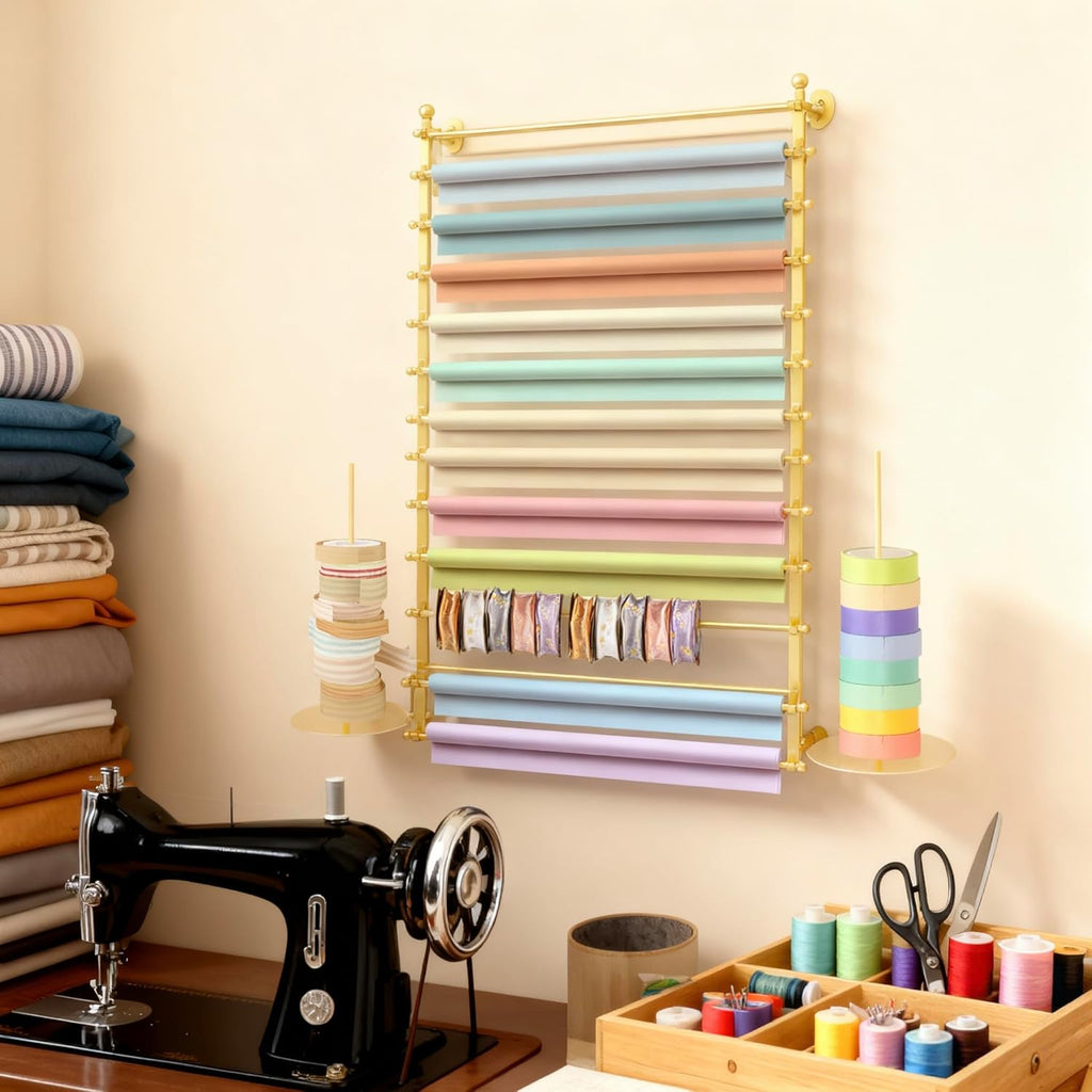 12 Layers Gold Wall Display Stand Wrapping Paper Ribbon Organizer Tie Scarf Rack Belt Towel Holder Spool Hijab Stand Metal Shelving for Home, Retail Stores, Flower Shop, Studio, Sewing-80cm