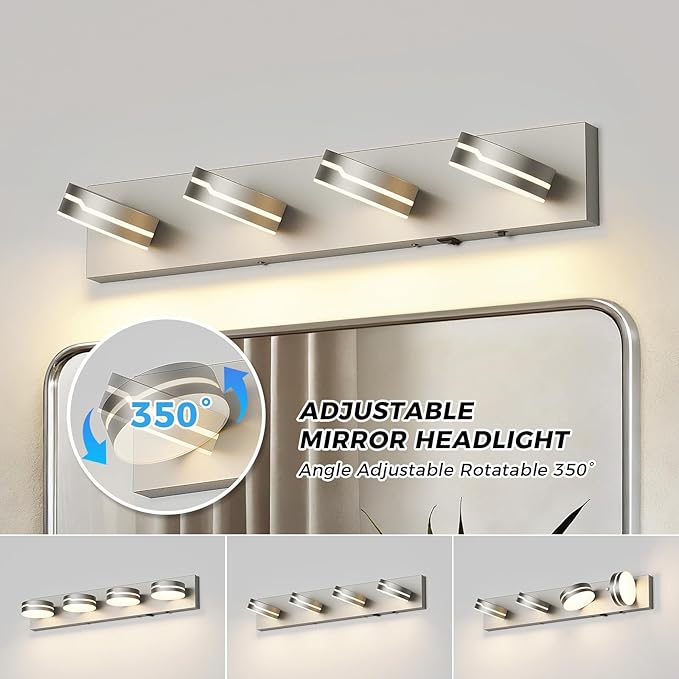 26" Motion Sensor Vanity Light Brushed Nickel, 3CCT 4-Light Modern LED Bathroom