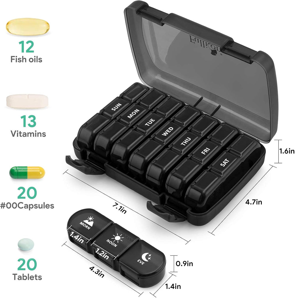 Pill Organizer 3 Times a Day, Fullicon Large Weekly Pill Case 7 Day, Daily Pill Box with 21 Compartments, Pill Dispenser Supplement Holder for Pills/Vitamin/Fish Oil - Black