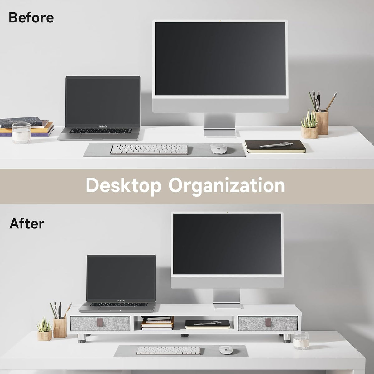 Fenge Dual Monitor Stand with 2 Drawers, 42.5 Inches Large Computer Riser for Desk, Adjustable Height Desk Shelf with Storage for Laptop, PC, TV, Printer