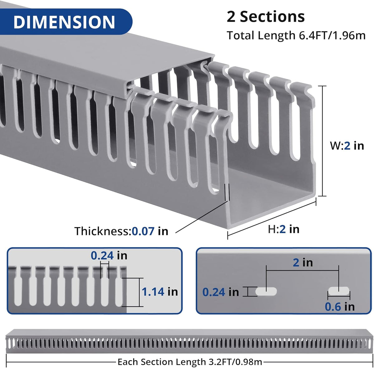 ZhiYo 2x2in Server Rack Cable Management, 6.6ft Cable Duct Cable Raceway Kit, Electrically Safe PVC for Network Cable Management, Open Slot Wire Raceway for Computer Under Desk, Wire Duct Grey