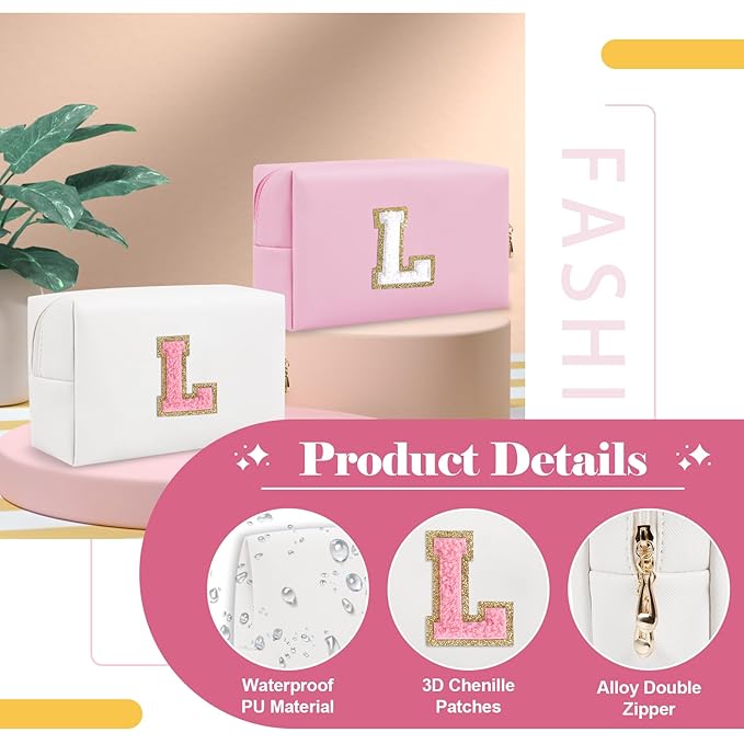Personalized Makeup Bag Initial A-Z Preppy Patch Bag,Small PU Leather Travel Cosmetic Bag Pouch with Zipper,White Cute Toiletry Bag,Gift Ideal for Teen Girls Women Birthday Friend Mom,Letter L