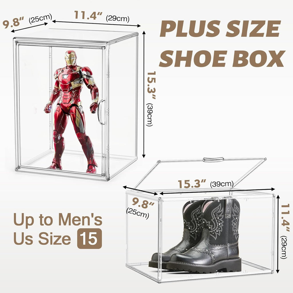 2 Pcs Shoe Display Case, XX-Large Tall Boot Storage Box Transparent Handbag Organizer for Closet Acrylic Shoe Box Clear Plastic Stackable Sneaker Collectibles Case with Detachable Divider