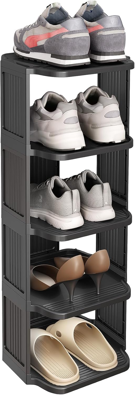 Shoe Racks for Closet, 5 Tiers Stackable Shoe Rack for Front Door Entrance Free Standing Plastic Shoe Stand Narrow Tall Vertical Shoe Rack, Closet Shoe Organizer for Small Spaces Shoe Storage