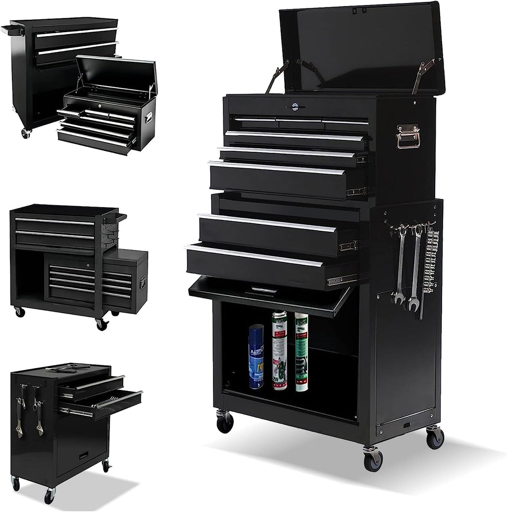 8-Drawer High Capacity Rolling Tool Box with Wheels,Rolling Tool Chest with Drawer,Tool Box on 4 Wheels with Lock, Tool Storage Cabinet Removable Portable Box for Garage Warehouse (Black)