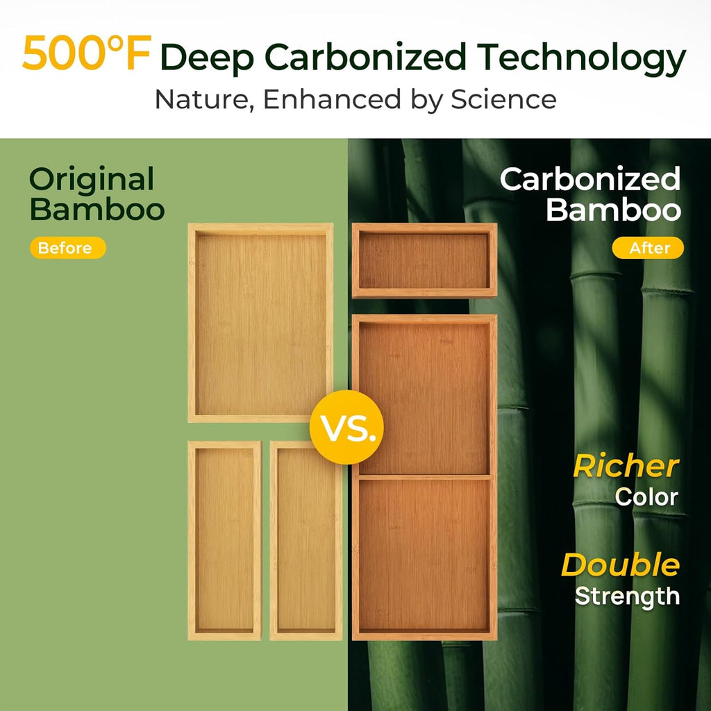 5-Piece Bamboo Drawer Organizer Set, 2.2" Deep Multi-Use Organizers for Utensils, Silverware, Cutlery, Desk, Bathroom, Junk Drawer & Makeup, Non-Slip Feet Included.