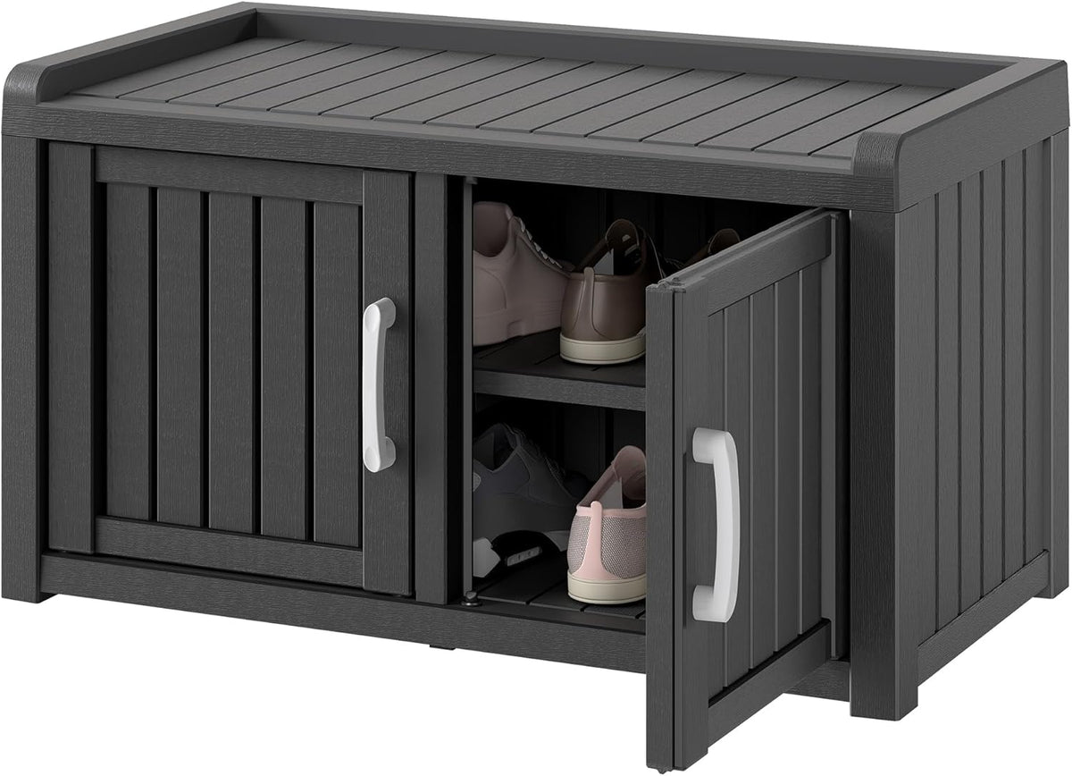 KAMABOKO Outdoor Shoe Storage Cabinet, Waterproof UV-Resistant Entryway Storage Bench Indoor Outdoor with 2 Barn Doors, Adjustable Shelves for Entryway, Bedroom, Hallway,Living Room(Black)