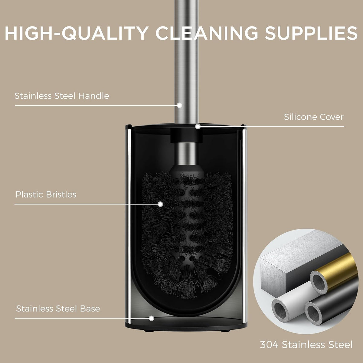 FORIOUS Toilet Brush and Holder Set, 304 Stainless Steel Heavy Duty Base and Handle for Bathroom Deep Cleaning, Toilet Bowl Cleaners Brush with Holder, Space Saving for Storage, Stainless Steel