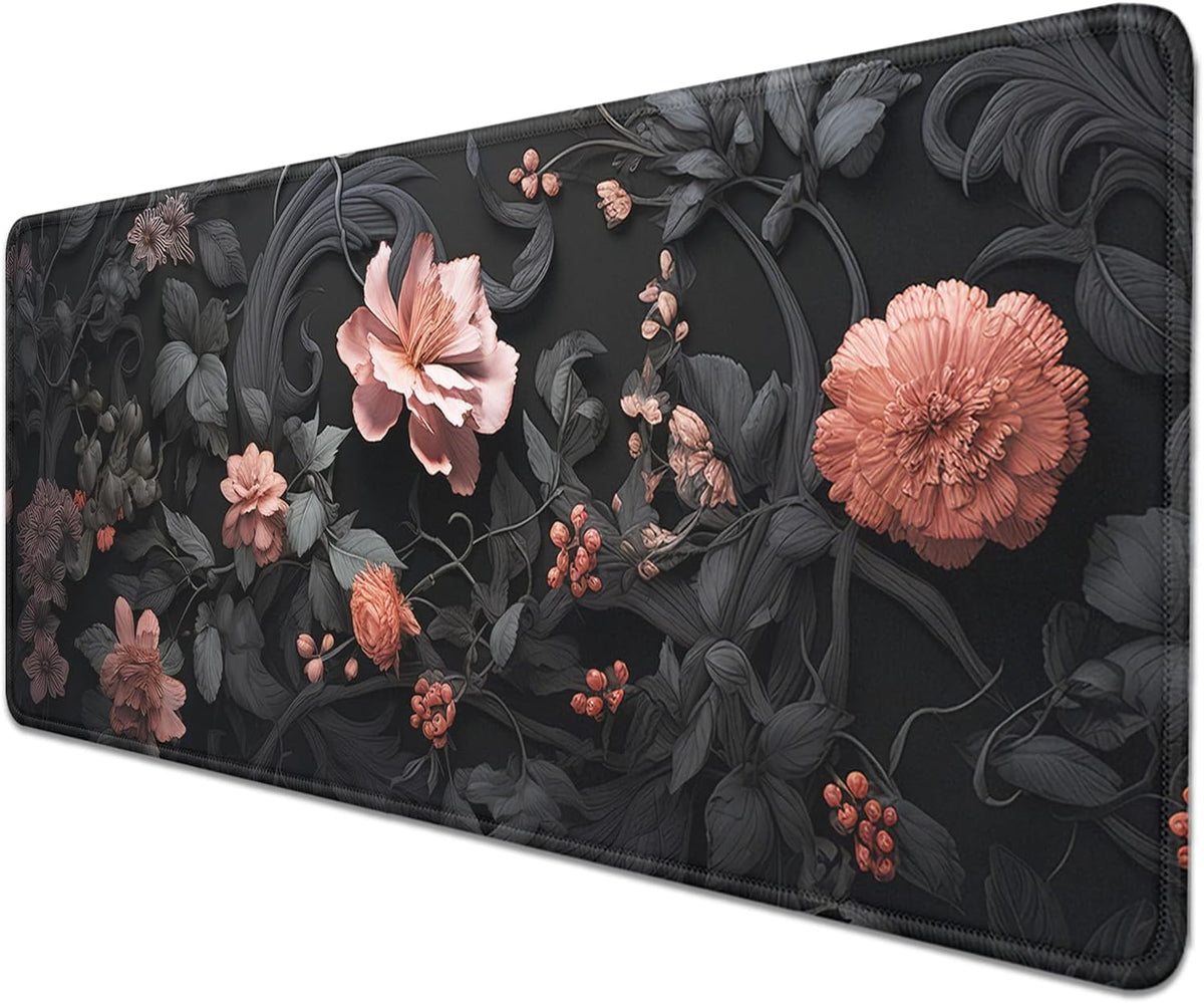 Black Art Flowers Mouse Pad,Large Vintage Floral Mousepad Desk Pad with Stitched Edges,Non-Slip Waterproof Rubber Base Mouse Mat for Office Computer Keyboard Laptop Home(27.5x11.8 in)