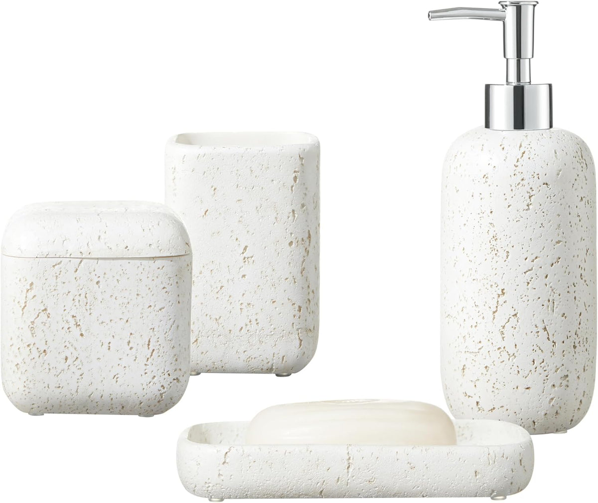 4-Pieces Bathroom Accessory Set Hight Quality Polyresin Ensemble-Lotion Dispenser/Toothbrush Holder/Cotton Jar/Soap Dish, Cream Color