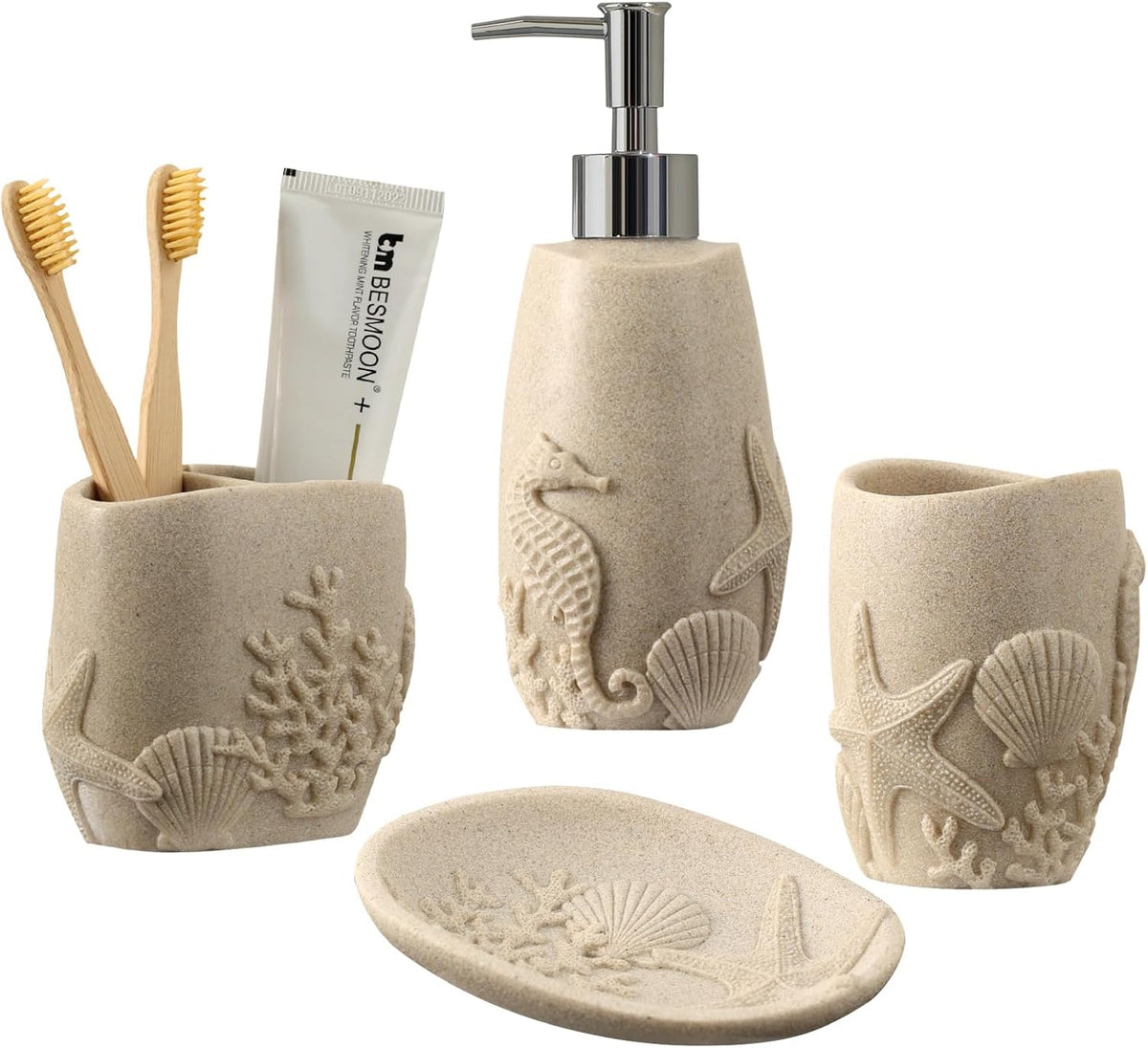 Bathroom Accessories Set, 4 PCS Bathroom Accessory Sets with Soap Dispenser, Toothbrush Holder, Tumbler, Soap Dish, Bathroom Countertop Organizer, Sea Bathroom Decor (Beige)