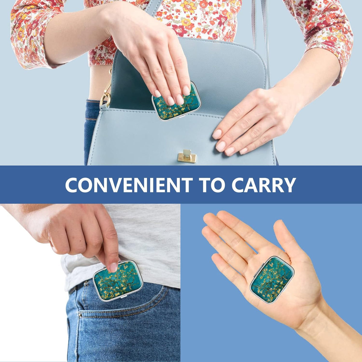 2 Compartment Pill Box, Portable for Pocket or Handbag, Decorative Metal Pill Box, Vitamin Organizer, Unique Gift (1 Piece, 39-Flowers Pinck)