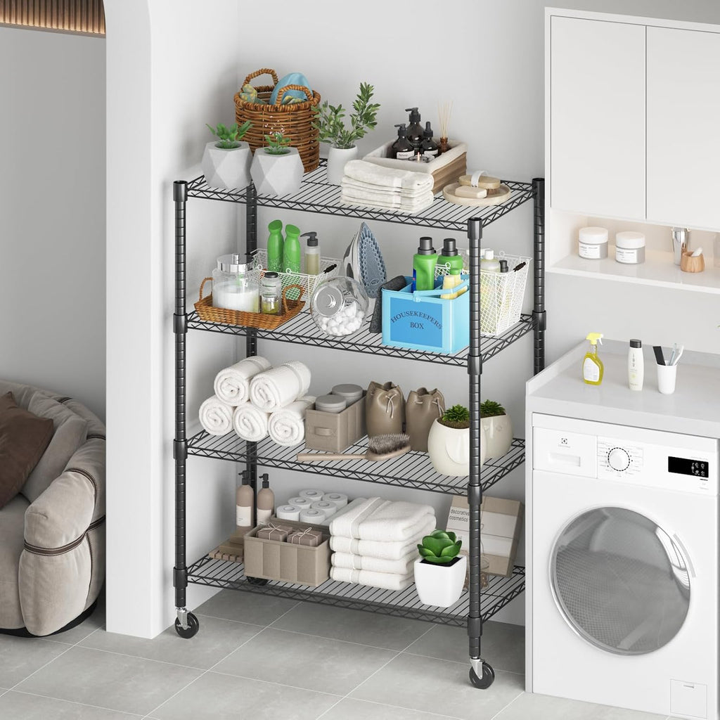 Himimi 18" D×36" W×72" H Storage Shelves with Wheels Metal Wire Shelving Unit 4 Tier Adjustable Shelving Heavy Duty Garage Shelf Organizer Rack Loads 1600LBS，Black