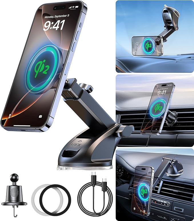 【Qi2 Certified・90LBS Vacuum Magnetic Suction】 15W Fast Wireless Car Charger Mount for Magsafe, 360° Adjustable Arm, Dashboard/Windshield/Vent Phone Holder+Cable Organaizer for iPhone 17/16/15 Pro Max