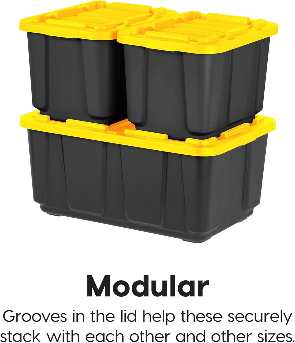 IRIS USA 27 Gallon Heavy Duty Truck Bed Toolbox Storage Tote Bins with Lids, 4 Pack - Made in USA, Tough Snap On Lockable Lid Stackable Industrial Tubs, Garage Organization Reusable Box - Black/Yellow