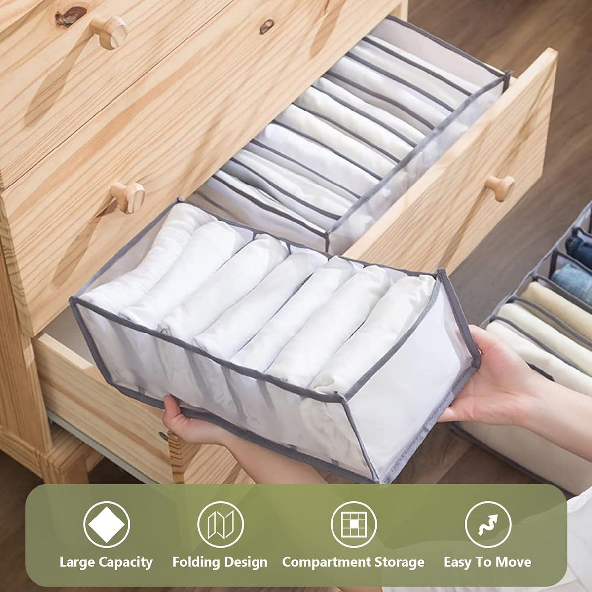 TOOVREN Closet Organizer 5PCS, Clothes & Pants Organizer for Folded Clothes, T-Shirts, Bras, Skirts, Jeans (7 Grids)