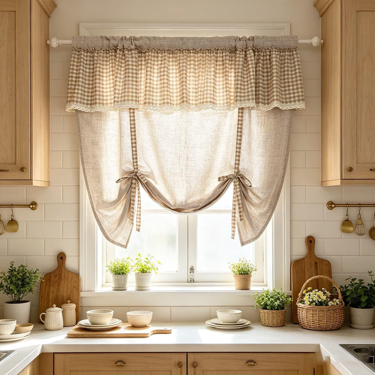 1 Panel Rod Pocket Tie Up Roman Curtain Khaki Gingham Lace Valance | Top Linen Blend Adjustable Lift Cafe Curtain, Light Filtering Privacy Short Window Curtain for Kitchen Farmhouse W55 x L63 in