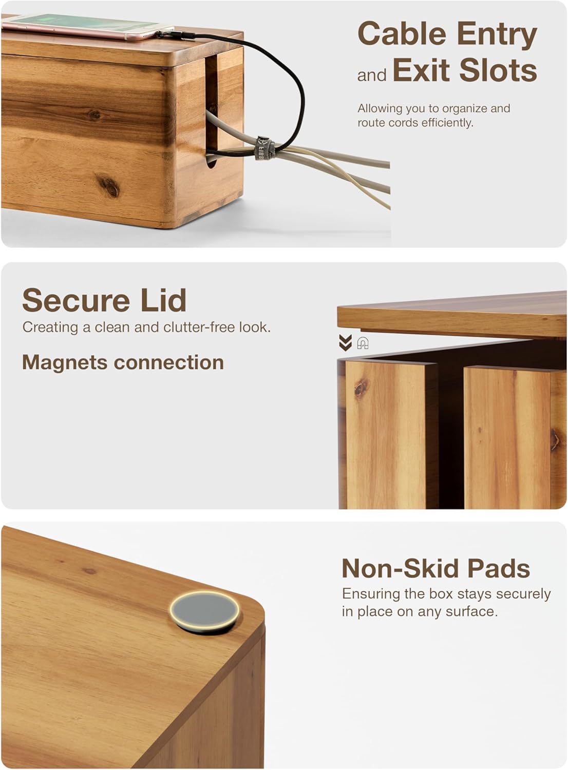 Acacia Wood Cable Management Box Round Edge - 16" L Wooden Cable Organizer Box for Electrical Hiding Cord Management - Power Strip Hider Cable Storage Box for Office, Router Wires, Under Desk