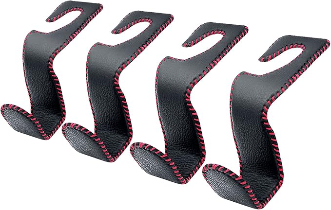 Car Seat Hooks for Purses and Bags, 4 Pack Car Purse Holder for Grocery Bag Handbag Clothes, Metal Headrest Hooks Covered by Leather, Black Red