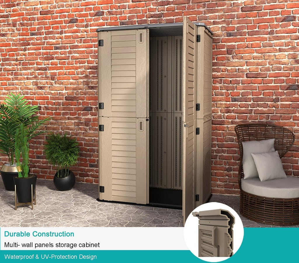 KINYING Sheds & Outdoor Storage, 66 cu.ft Vertical Outdoor Storage Cabinet, Resin Storage Sheds Outdoor with Floor for Garden Tools,Patio Furniture,Garbage Cans(Brown Color)
