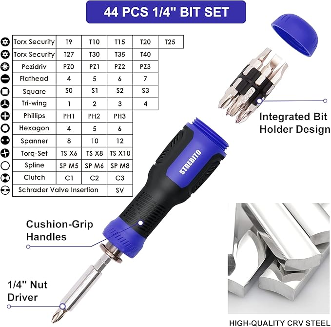 STREBITO Precision Screwdriver Set 191-Piece Multi-Bit Screwdriver 1/4 Inch Nut