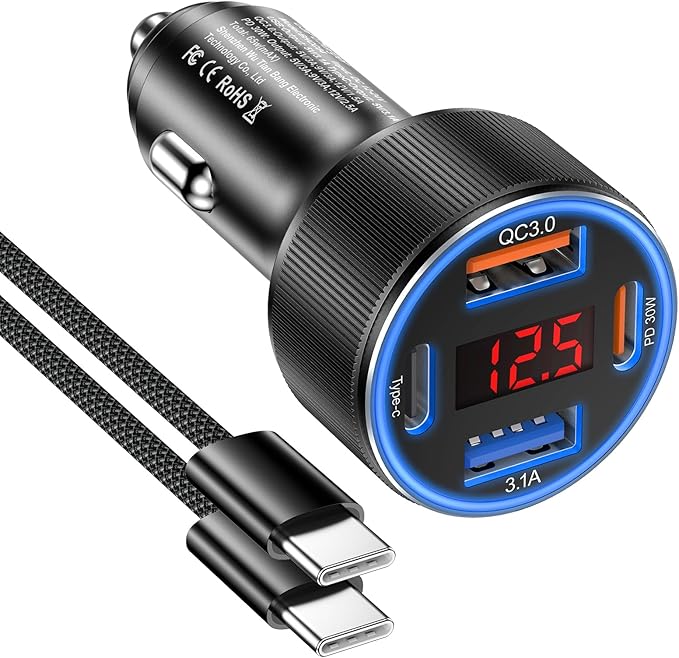 Car Charger for iPhone 17 16 15 Pro Max, Besgoods 4-Port Cigarette Lighter Adapter USB C & USB A Car Phone Charger Fast Charging Voltmeter for Galaxy S25 S24 S23 A15 A54 Android, 6ft USB C to C Cable
