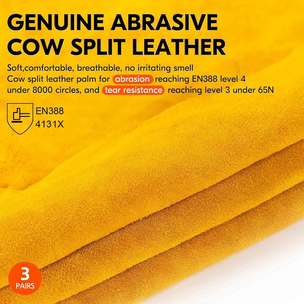 Vgo... 3-Pairs Unlined Cowhide Split Leather Work and Driver Gloves, for Heavy Duty, Truck Driving, Warehouse, Gardening, Farm (Size L, Gold, CB9501)