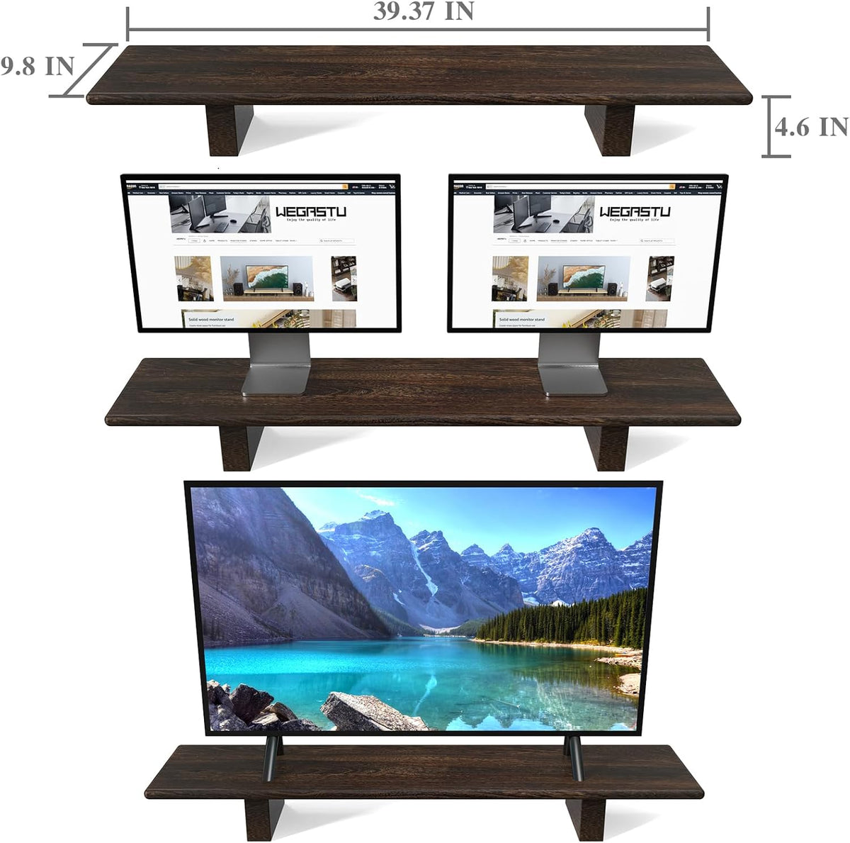 "WEGASTU Solid Wood Rustic Desk Monitor Stand with Storage，Large Dual Monitor Stand Riser for Laptop Computer/TV/PC/Printers, Perfect Desktop Stands Organizer with Underneath Storage for Office