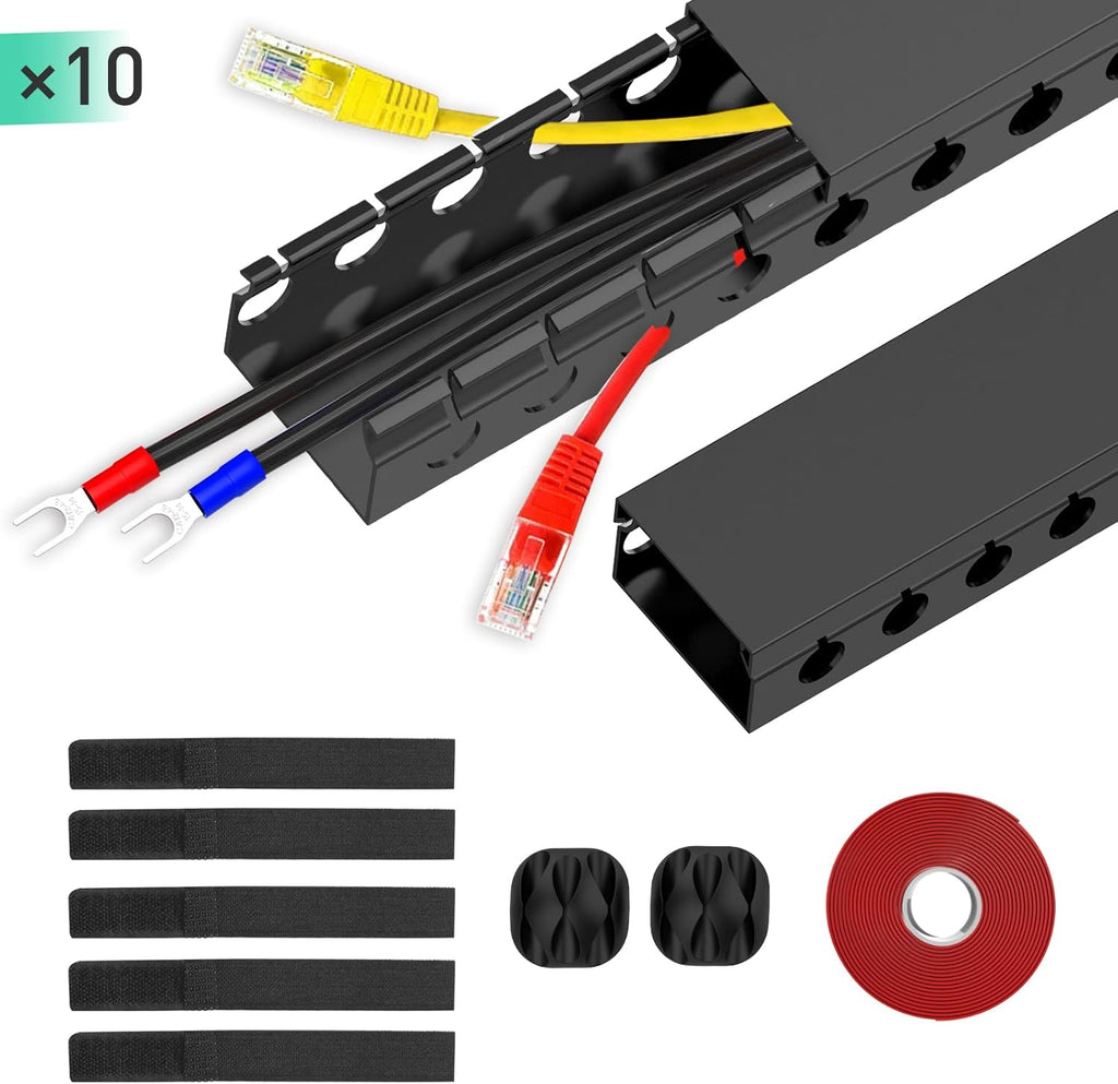 Updated Cable Raceway Kit - 154 (10x15.4) Inch Open Slot Wire Covers for Cords, Under Desk Cable Management System to Hide Under Desk/Tv/Computer/Net/Power Cords, (Pack 10)
