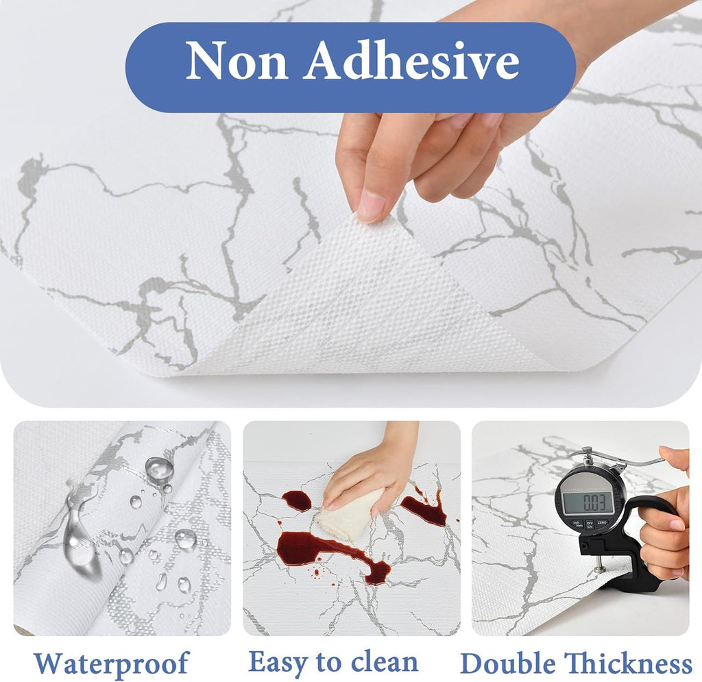 Drawer and Shelf Liner for Kitchen Cabinet: 17 in X 20 Ft Non Slip Waterproof Shelf Paper Non Adhesive Refrigerator Liners Silver Marble Easy Liners for Bathroom with Knife Tape Measure
