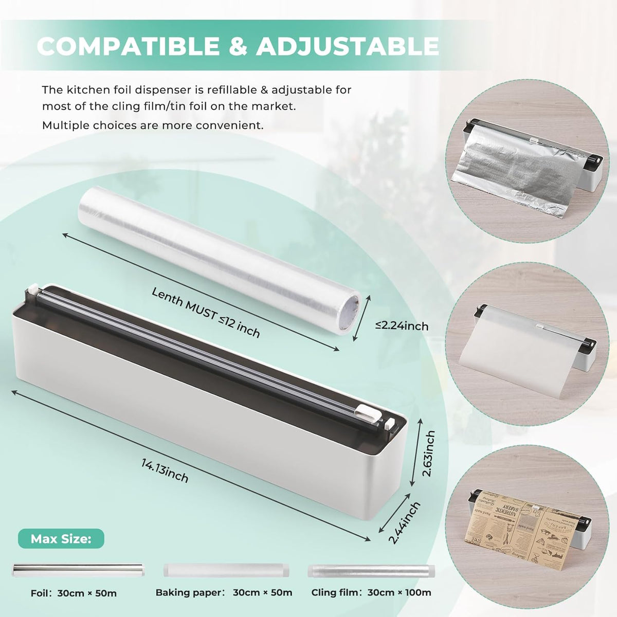 Magnetic Plastic Wrap Dispenser with Cutter - Practical Refillable Aluminum Tin Foil and Plastic Wrap Organizer for Drawer, Including an Extra Roll of 12"X 164' Food Cling Film - Black
