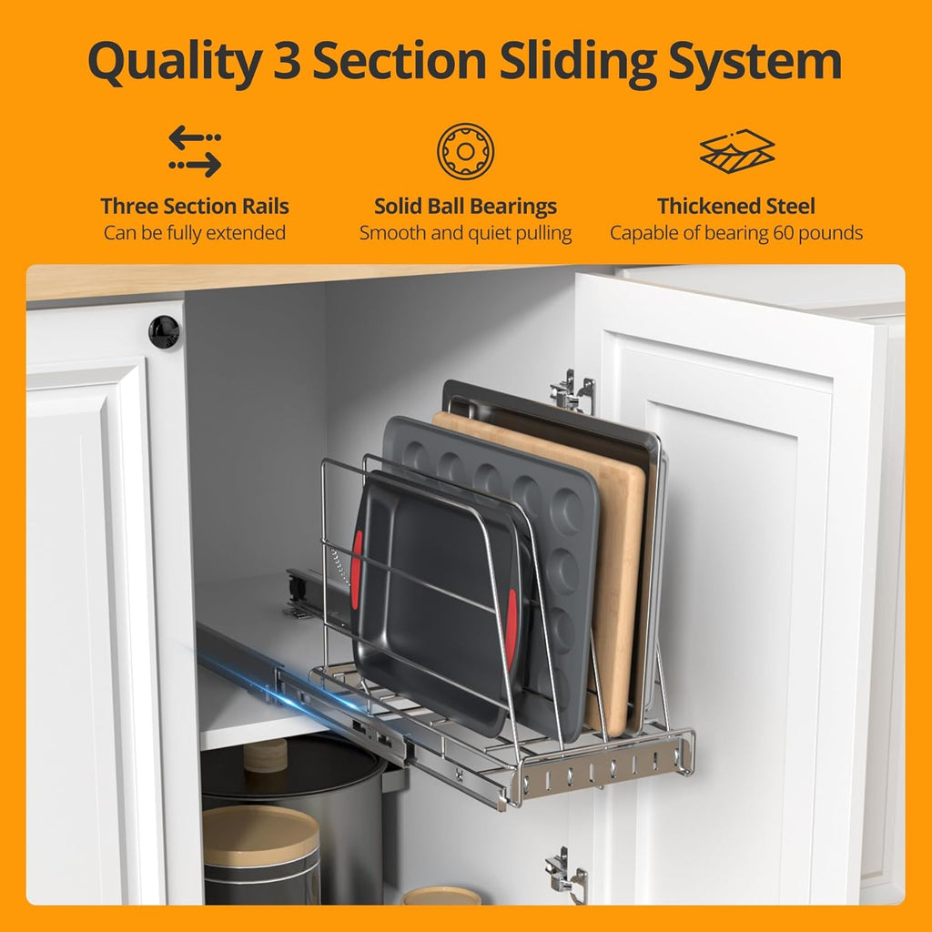 Pull Out Cabinet Organizer for Cutting Board, Cookie Sheet, Baking Sheet, Stainless Steel Sliding Rack for Bakeware & Trays, Heavy-Duty Cutting Board Organizer (9” x 16.5” (22.8 x 41.8 cm))