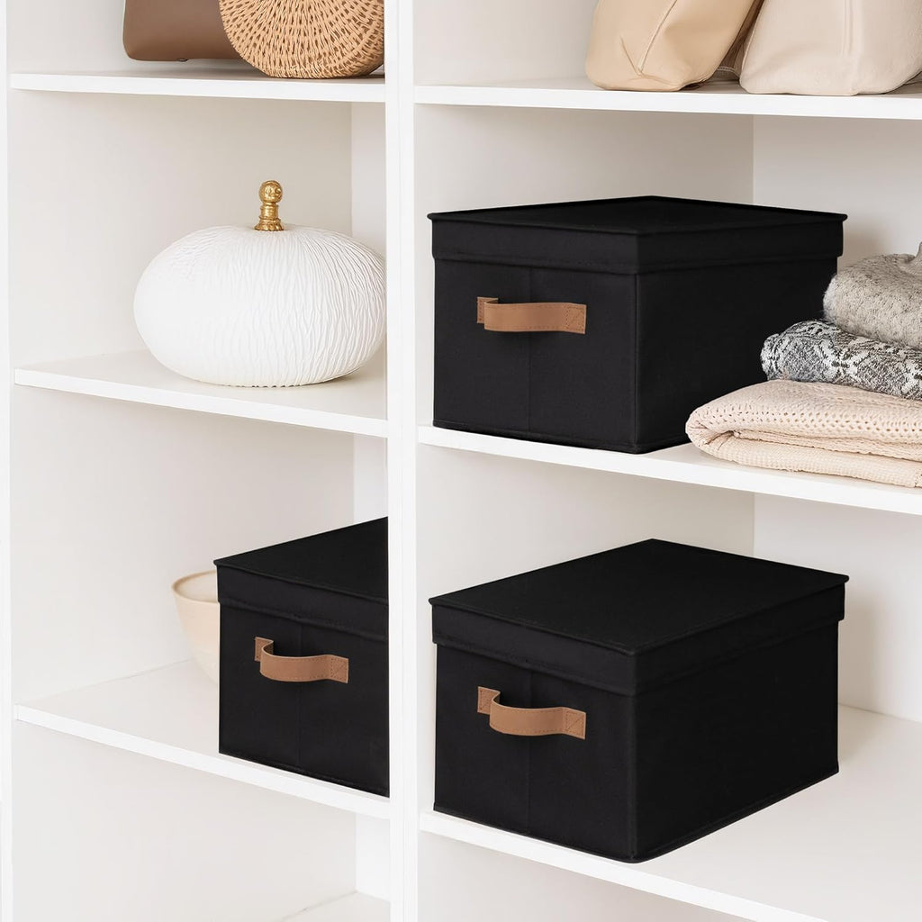 StorageWorks Large Storage Bins with Lids, Decorative Storage Boxes with Lid and PU Handles, Foldable Storage Baskets for Closet, Shelves, Stackable, Black, 3-Pack