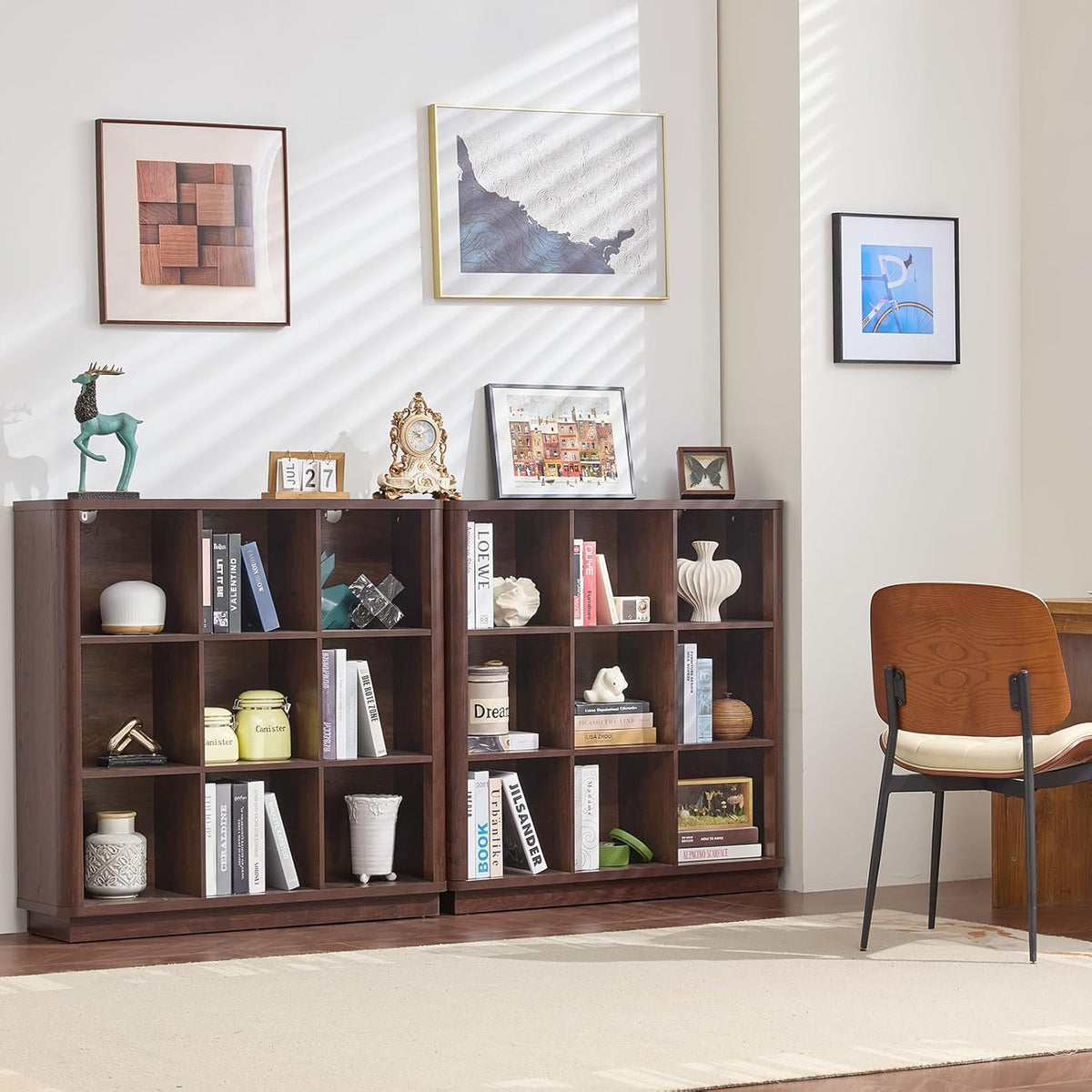 9 Cube Bookshelf, 41" Tall Organizer Bookcase with Curved Edge, Wood Floor Standing 3-Tier Cubby Book Shelf with Base, Vinatge Display Storage Cabinet for Living Room, Home Office, Walnut