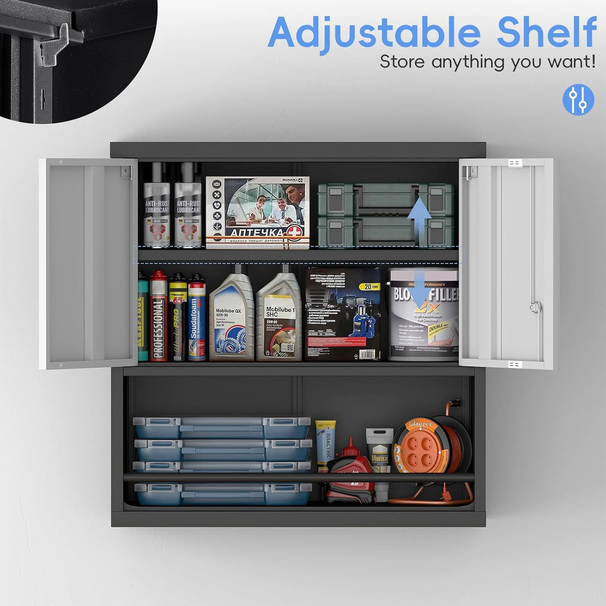 Metal Garage Cabinets, Lockable Storage Cabinet, Metal Cabinet with Open Storage, Upper Tool Cabinet for Basement, Wall Mounted Cabinets for Shop
