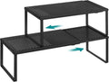 SONGMICS Set of 2 Expandable Pantry Kitchen Organizers, Adjustable Spice Rack, Stackable Cabinet Organizers, Metal, Space-Saving Tabletop Shelves, Matte Black UKCS402B01