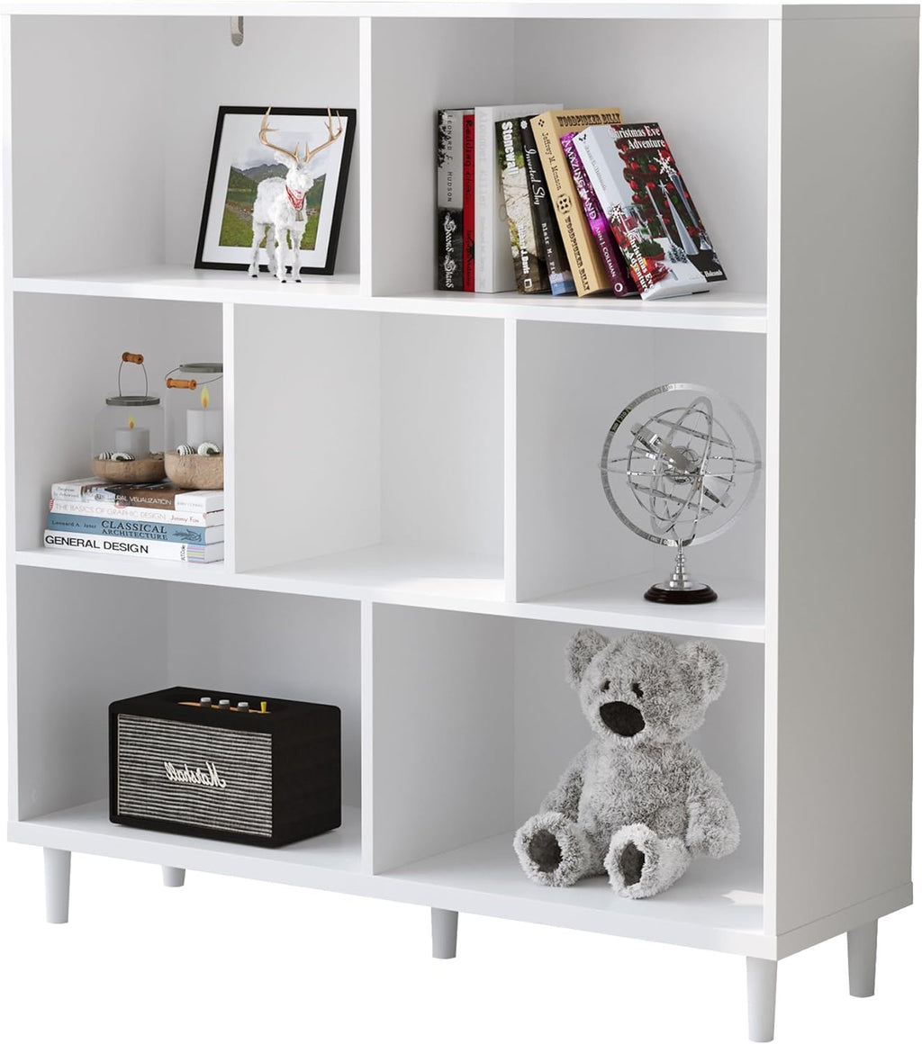 Wood Cube Storage Organizer White Bookshelf - 3-Tier Freestanding Storage Cabinet with Legs for Home Office, 7-Cubes Open Shelf