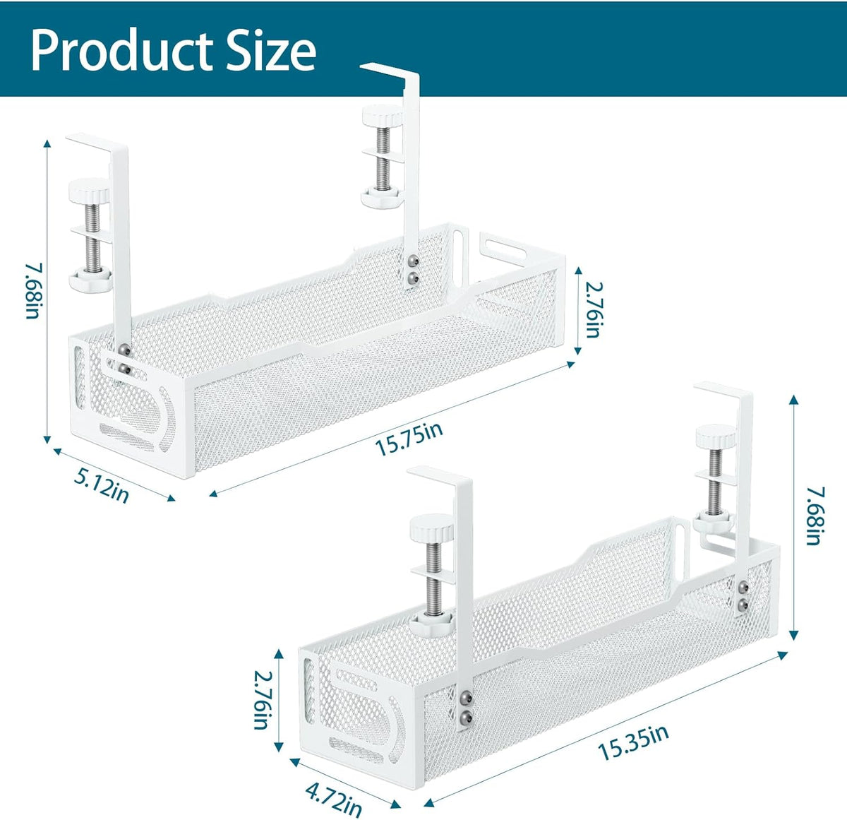 2Pack Under Desk Cable Management Tray, No Drill Mesh Desk Cable Tray, Wire Management Tray Cable Management Rack, Wire Organizer and Cable Management Box (White)