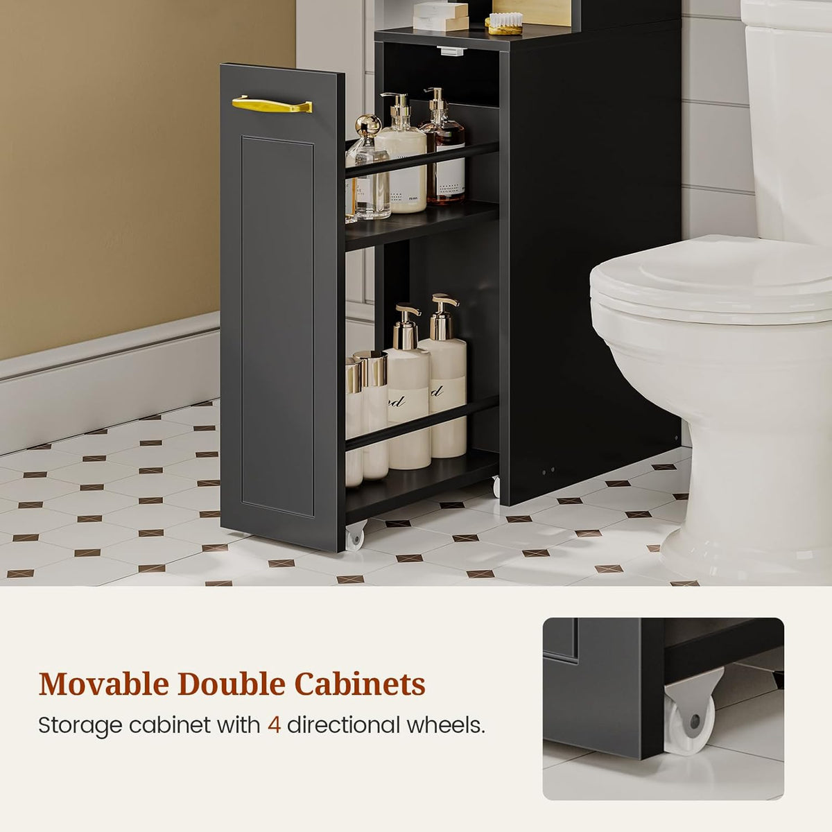 Over The Toilet Storage Cabinet with Pulley Small Bathroom Storage Cabinet, Space Saver W/Adjustable Shelf & Open Shelf for Bathroom, Restroom, Laundry (Black)
