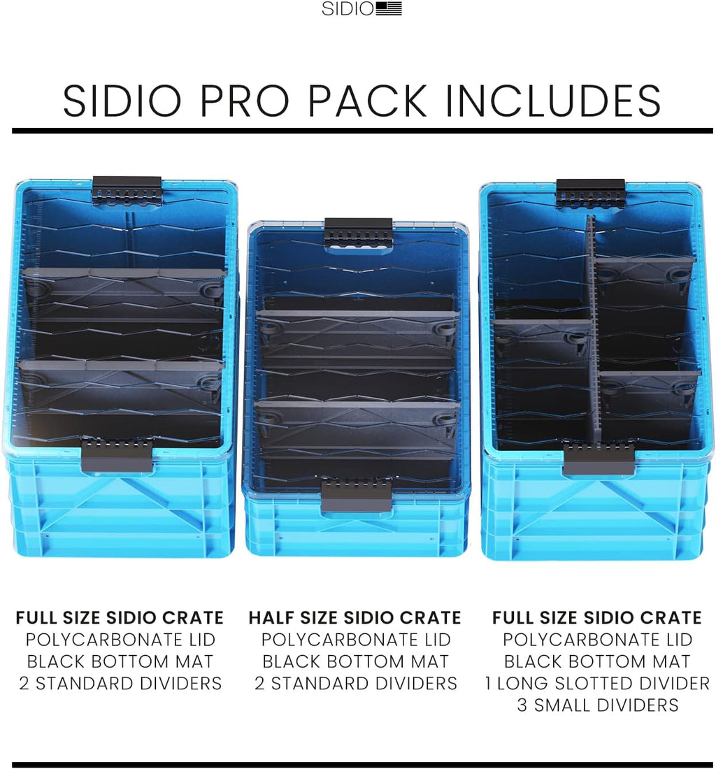 SIDIO Crate Pro Pack - 2 Full-Size & 1 Half-Size Heavy Duty Stackable Storage Bins, Totes and Containers with Lids and Dividers - Durable Plastic Organizer for Home, Office, Garage, and Outdoor Use