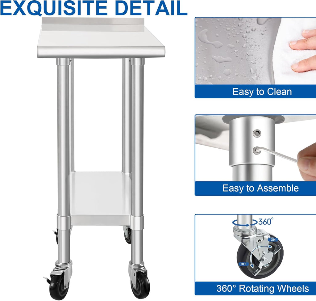 HARDURA Stainless Steel Commercial Work Table with Wheels Prep & Work Metal Table 30×12 Inches Heavy Duty NSF with Casters and 2" Backsplash