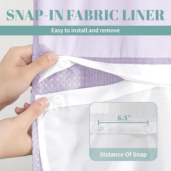 eachope Lavender No Hook Waffle Weave Shower Curtain with snap-in Liner Replacement, 230GSM Waterproof Fabric Hotel Shower Curtain Set for Bathroom, Through Mesh Top Window,71Wx77H
