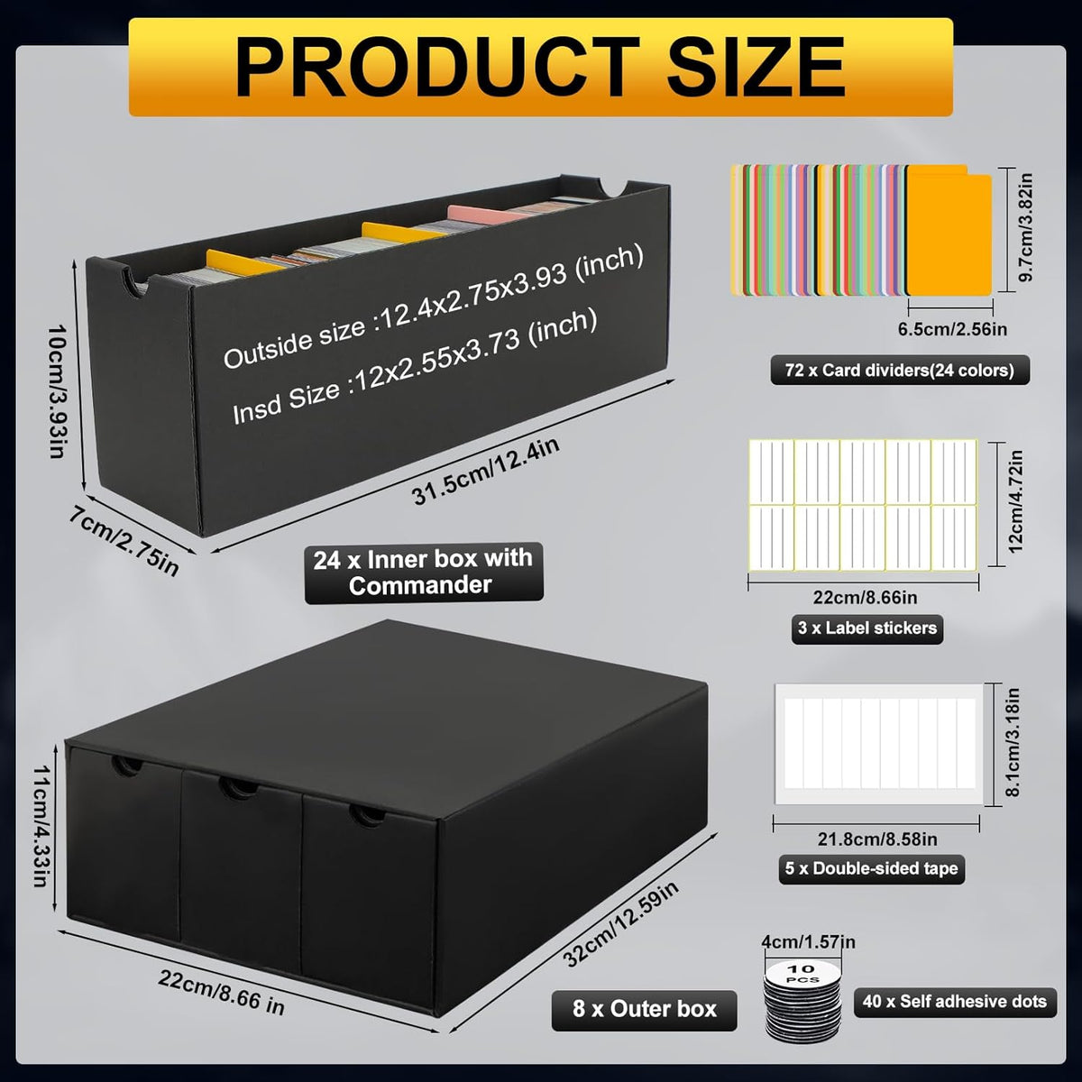 Trading Card Storage Box, Includes 24-600 CT Boxes & Card Dividers, + Trading Card Organizer for Collectible Card Games, for TCG, MTG, PTCG, Baseball Cards, with Labels & Tapes