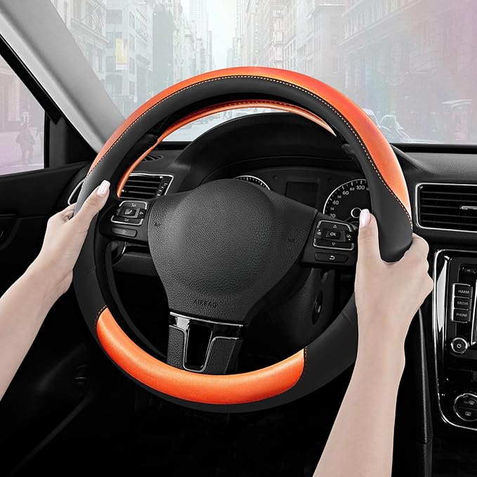 Road Comforts Steering Wheel Cover – Breathable Leather Steering Wheel Cover, Anti-Slip Grip, Universal Fit 14.5” to 15”, Heat & Cold Resistant for Cars, SUVs, and Trucks – Black & Shining Orange